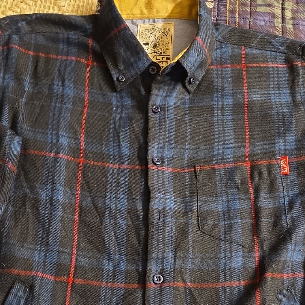 RSVLTS Navy and Red Plaid Button Down Long Sleeve Flannel Shirt